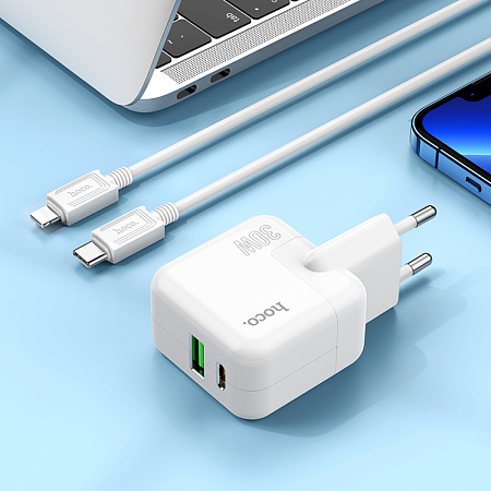 Сетевое зарядное устройство, 1 PD 35W + 1 USB 3.0 QC (C111A), HOCO, белый