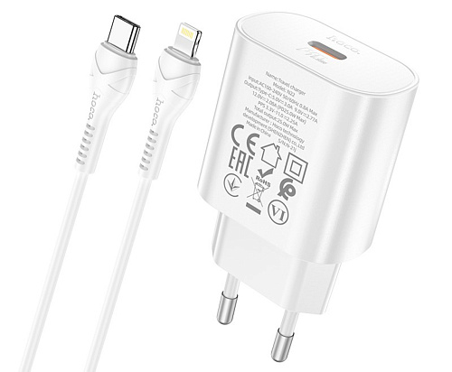 Сетевое зарядное устройство, 1 PD 25W (N22), HOCO, Type-C to Lightning, Безопасный сертификат, белый