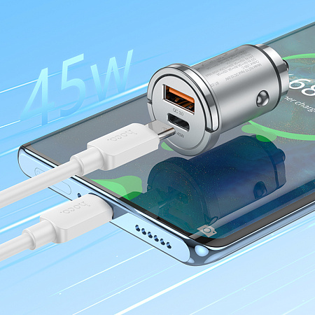 Автомобильное зарядное устройство, 1 USB QC3.0+1 PD 45W (NZ10), HOCO, серебряный