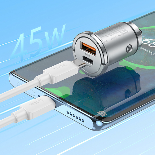 Автомобильное зарядное устройство, 1 USB QC3.0+1 PD 45W (NZ10), HOCO, серебряный