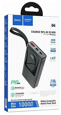 Универсальный Доп. Аккумулятор 10000mAh, Q4, HOCO, 2 PD 20W+1 USB 3.0, mini, черный