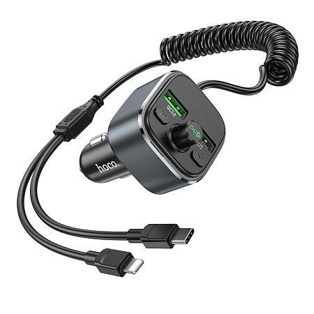 Bluetooth FM модулятор, E74, HOCO, с кабелем Type-C и Lightning, серый