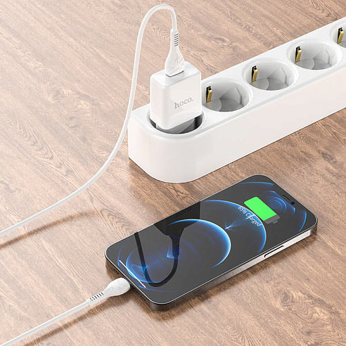 Сетевое зарядное устройство, 1 USB 2.1A (N9), HOCO, Lightning, Fast Charge, Безопасный сертификат, белый
