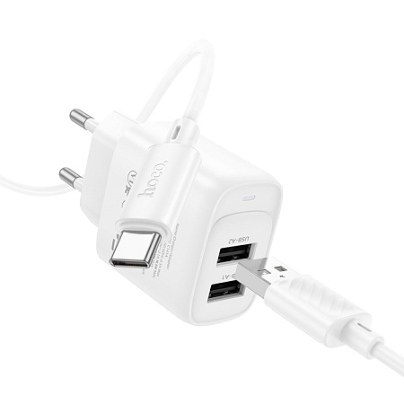 Сетевое зарядное устройство, 2 USB 2.1A (C141A), HOCO, Type-C, белый