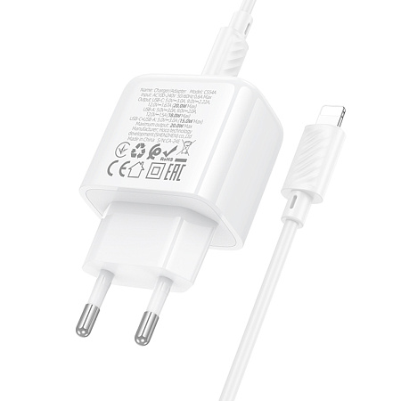 Сетевое зарядное устройство, 1 PD 20W + 1 USB 3.0 QC (CS54A), HOCO, Type-C to Lightning, белый