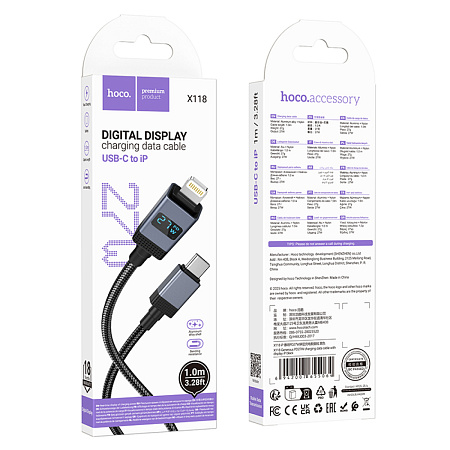 Кабель Lightning to Type-C (PD), HOCO, X118, 1м, с дисплеем, черный