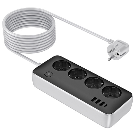 Сетевой фильтр на 4 розеток+3 USB+1 PD, 3м, AC21, HOCO, черный
