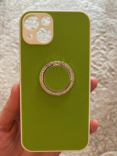 Чехол силиконовый для iPhone 13 (6.1), текстурный с подставкой кольцом на палец со стразами, X-CASE, салатовый