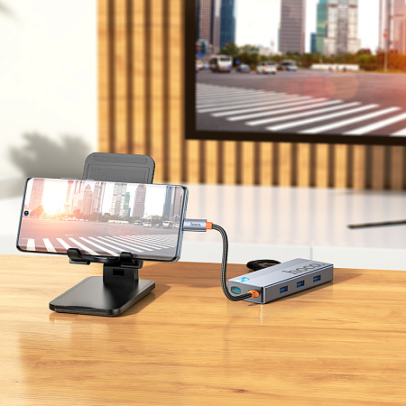 USB Хаб (HB51) с 1 Type-C на HDTV+RJ45+PD+3 USB 3.0, HOCO, серый