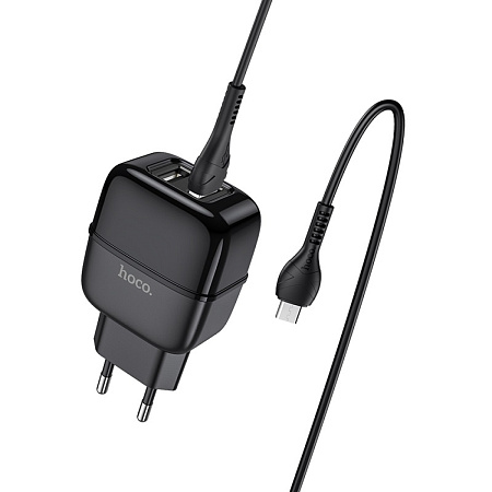 Сетевое зарядное устройство, 2 USB 2.4A (C77A), HOCO, Micro, черный