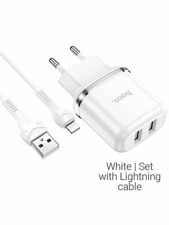 Сетевое зарядное устройство, 2 USB 2.4A 12W (N4), HOCO, Lightning, Умная зарядка, белый