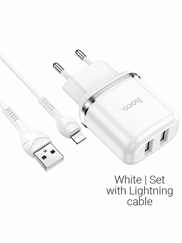 Сетевое зарядное устройство, 2 USB 2.4A 12W (N4), HOCO, Lightning, Умная зарядка, белый