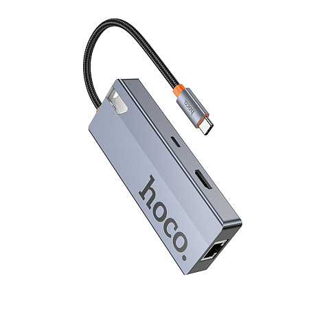 USB Хаб (HB51) с 1 Type-C на HDTV+RJ45+PD+3 USB 3.0, HOCO, серый