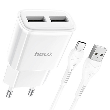 Сетевое зарядное устройство, 2 USB 2.4A (C88A), HOCO, Type-C, белый