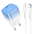 Сетевое зарядное устройство, 1 PD 20W + 1 USB 3.0 QC (C101A), HOCO, Type-C to Lightning, голубой с белым