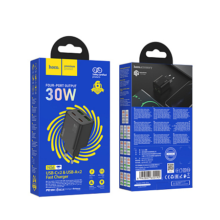 Сетевое зарядное устройство, 2 USB 3.0 QC+2 PD 30W (N56), HOCO, черный