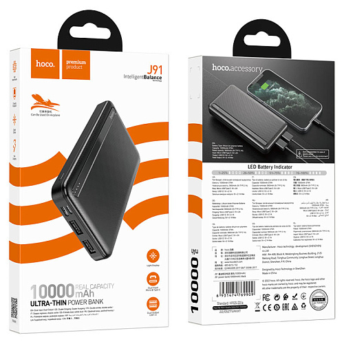 Универсальный Доп. Аккумулятор 10000mAh, J91, HOCO, выход 2 USB (2.1A), вход Micro/Type-C, черный