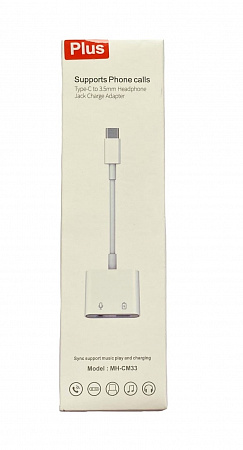 Переходник Type-C на 3,5mm Jac+ зарядка Type-C, со шнуром, музыка+зарядка+разговор, белый