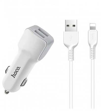 Автомобильное зарядное устройство, 2 USB 2.4A (Z23), usb cable lightning, HOCO, белый