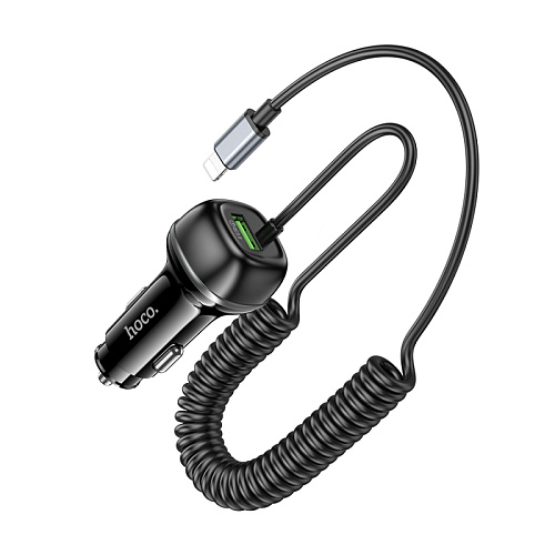 Автомобильное зарядное устройство, 1 USB QC3.0 18W, витой кабель Lightning (Z58B), HOCO, черный
