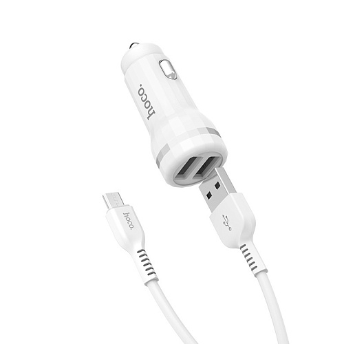 Автомобильное зарядное устройство, 2 USB 2.4A (Z27), usb cable micro, HOCO, белый