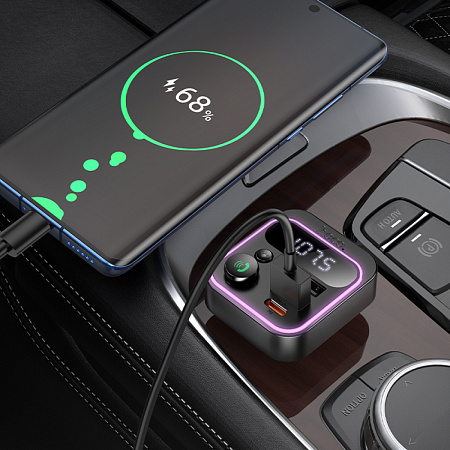 Bluetooth FM модулятор, E85 Tiger, HOCO, 1 USB QC3.0+1 PD (20Вт)+1 USB 5V/0.5A (для USB накопителя), черный