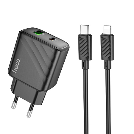 Сетевое зарядное устройство, 1 PD 30W + 1 USB 3.0 QC (CS23A), HOCO, Type-C to Lightning, черный