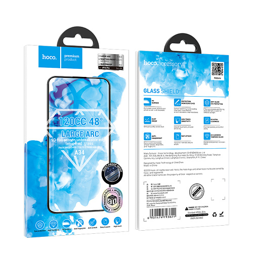 Защитное стекло для iPhone 14 Pro, A34, HOCO, 9D large arc dustproof glass, черное