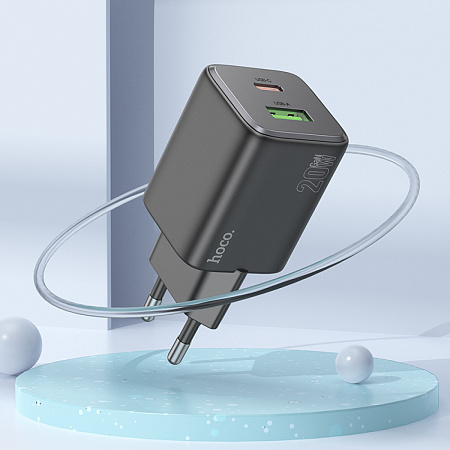 Сетевое зарядное устройство, 1 PD 20W + 1 USB 3.0 QC (N41), HOCO, Type-C to Type-C, черный