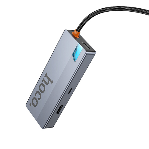 USB Хаб (HB51) с 1 Type-C на HDTV+RJ45+PD+3 USB 3.0, HOCO, серый