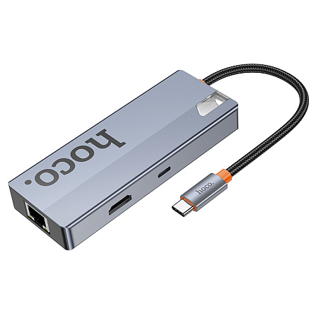 USB Хаб (HB51) с 1 Type-C на HDTV+RJ45+PD+3 USB 3.0, HOCO, серый