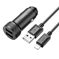 Автомобильное зарядное устройство, 2 USB 2.4A (Z49), usb кабель lightning, HOCO, черный