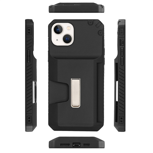 Чехол силиконовый для iPhone 14 (6.1), с карманом для карты, противоударный с подставкой, DU DU, черный