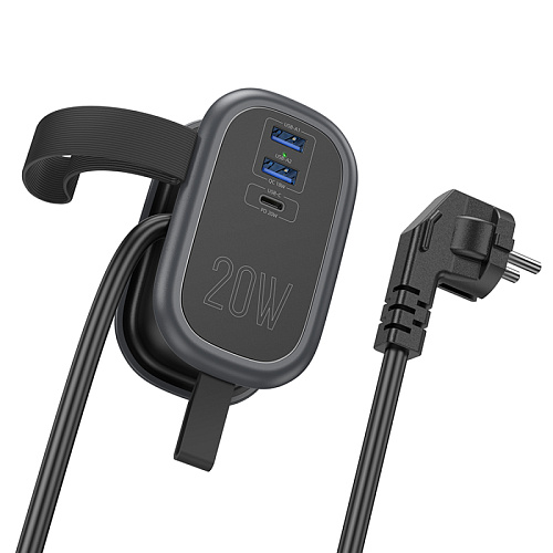 Сетевой фильтр на 1 розетка+2 USB+1 PD, 1.1м, NS7, HOCO, черный
