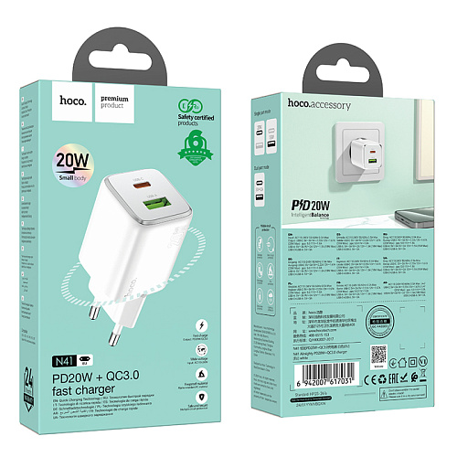 Сетевое зарядное устройство, 1 PD 20W + 1 USB 3.0 QC (N41), HOCO, белый