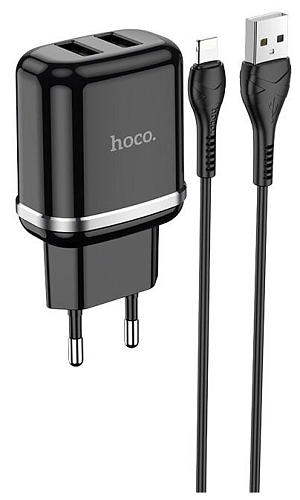 Сетевое зарядное устройство, 2 USB 2.4A 12W (N4), HOCO, Lightning, Умная зарядка, черный