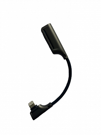 Переходник Lightning to наушники Jack+зарядка, угловой со шнуром, без bluetooth, музыка+зарядка, металл черный
