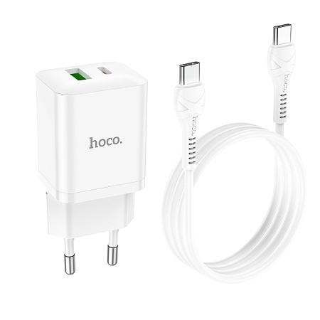 Сетевое зарядное устройство, 1 PD 18W + 1 USB 3.0 QC (N28), HOCO, Type-C to Type-C, белый