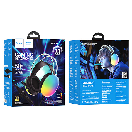 Проводные наушники W109 Plus, HOCO, игровые с микрофоном, USB 7.1, черный