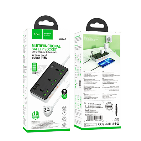 Сетевой фильтр на 3 розетки, 3 USB,  1 PD, 1.5м, AC7A, HOCO, черный