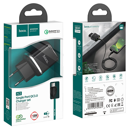 Сетевое зарядное устройство, 1 USB 3.0 QC (N3), HOCO, Micro, Умная зарядка, черный