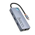 USB Хаб (HB51) с 1 Type-C на HDTV+RJ45+PD+3 USB 3.0, HOCO, серый