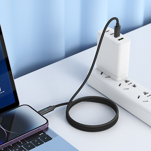 Кабель Lightning to Type-C (PD), HOCO, U127, 1.2м, с указанием заряда аккумулятора, черный