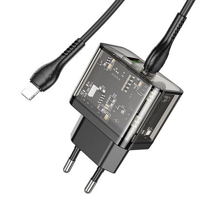 Сетевое зарядное устройство, 1 PD 20W + 1 USB 3.0 QC (N34), HOCO, Type-C to Lightning, прозрачный черный