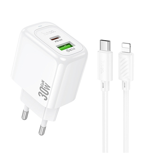Сетевое зарядное устройство, 1 PD 30W + 1 USB 3.0 QC (CS55A), HOCO, Type-C to Lightning, белый