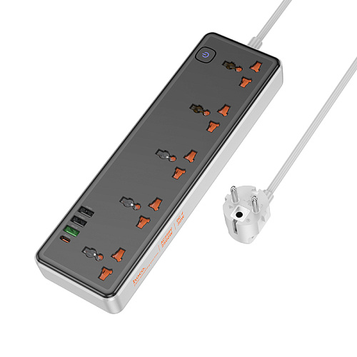 Сетевой фильтр на 5 розеток+3 USB+1 PD, 1.5м, AC14A, HOCO, черный