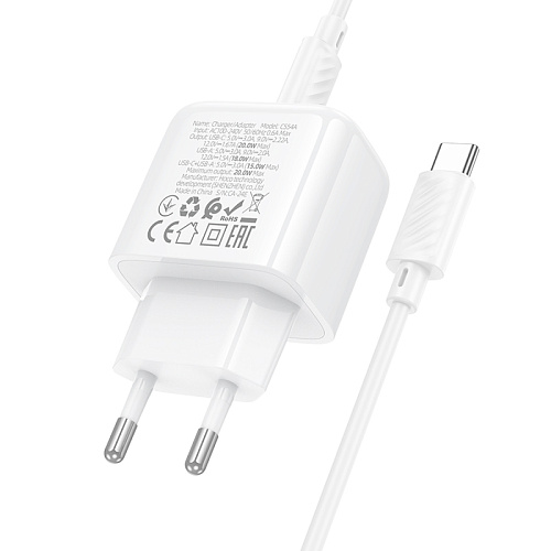 Сетевое зарядное устройство, 1 PD 20W + 1 USB 3.0 QC (CS54A), HOCO, Type-C to Type-C, белый