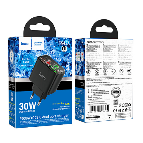 Сетевое зарядное устройство, 1 PD 30W + 1 USB 3.0 QC (CS42A), HOCO, черный