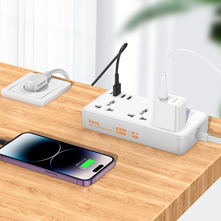 Сетевой фильтр на 3 розетки, 1 USB (18W QC)+ 2 USB, 1 PD (30W), 1.5м, AC8A, HOCO, белый