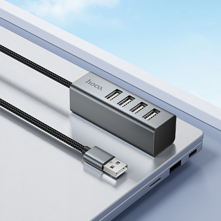 USB Хаб (HB1A) c 1 USB на 4 USB, HOCO, скорость передачи: до 480 Мбит/с, серый